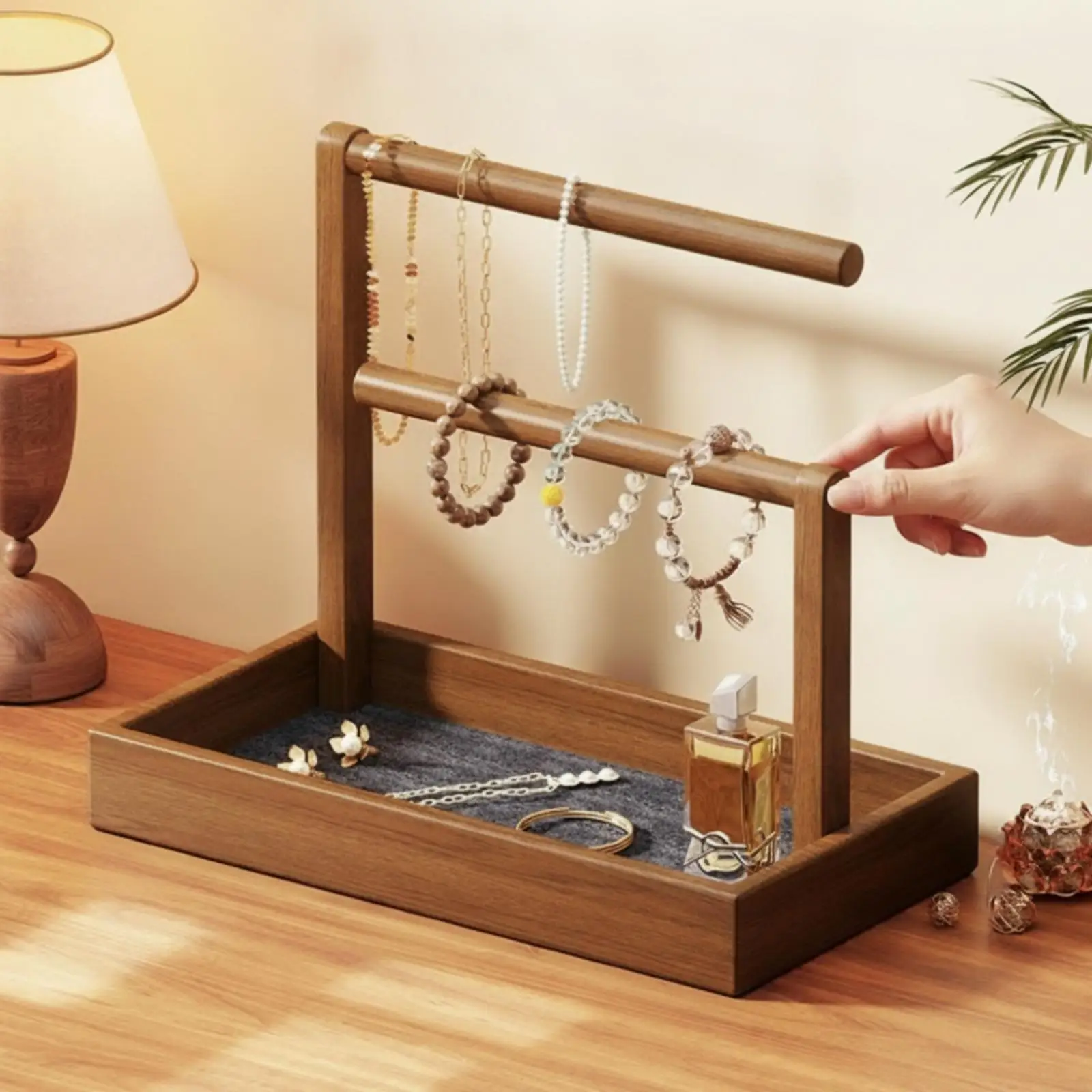 Jewelry Organizer Wooden Stand Jewelry Stand with Tray Desktop Bracelet Display