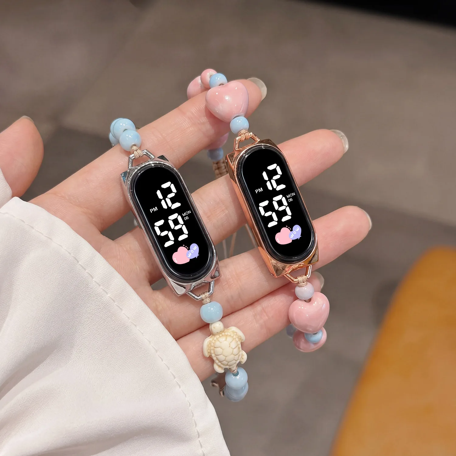 

New High-Appeal Colorful Bead Creative Children Watches for Girls Beaded Minimalist Student LED Electronic Women Clock Bracelet