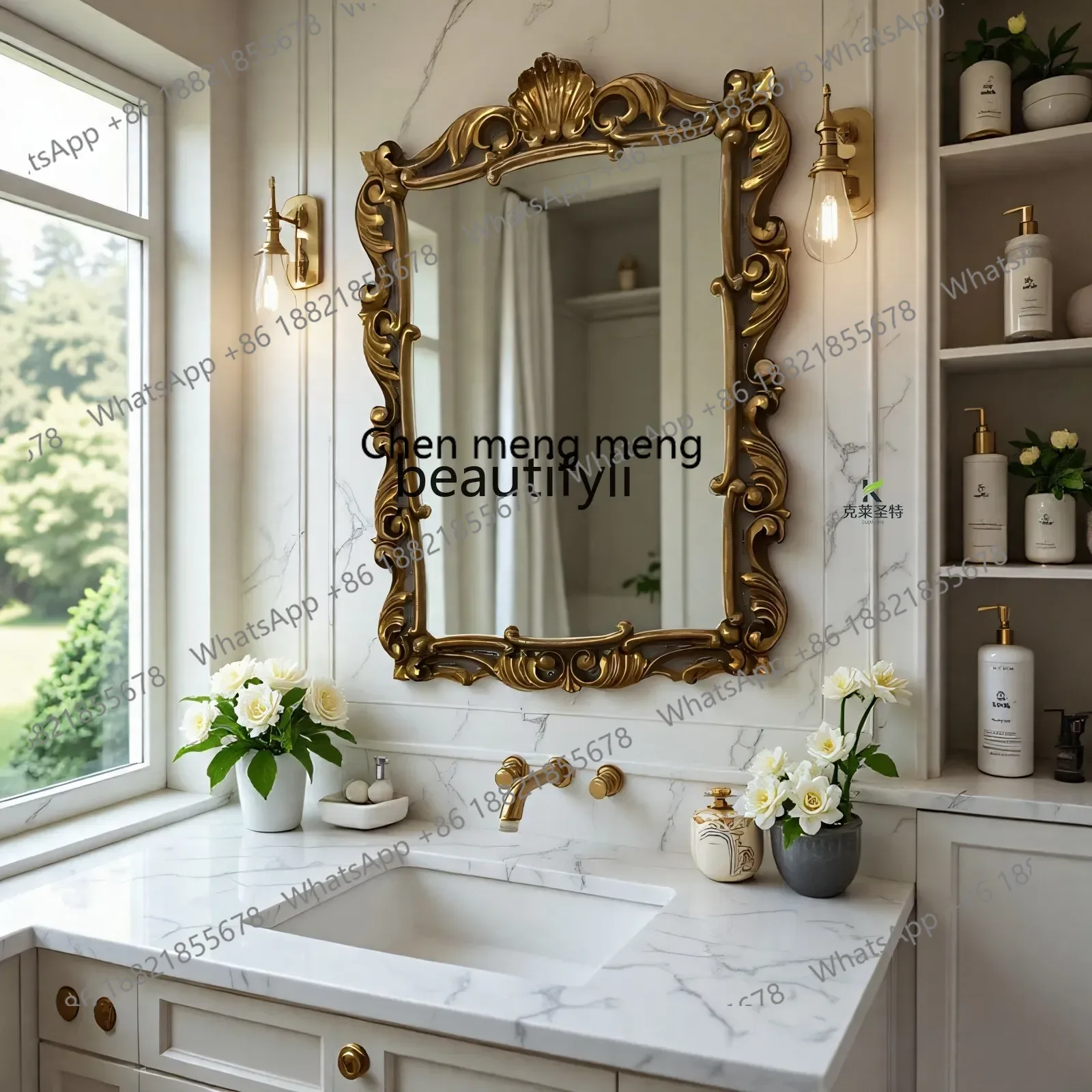 

N178 French retro bathroom mirror American carved wall-mounted bathroom wall-mounted decorative mirror5556