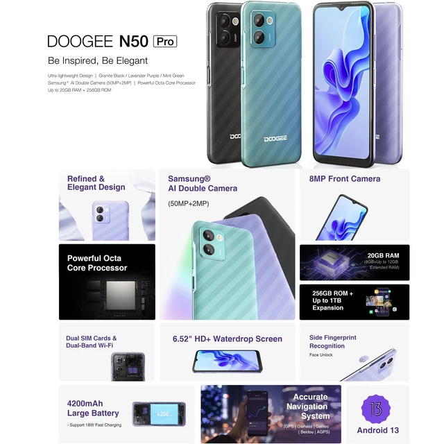 DOOGEE N50 Pro Smartphone 8GB+256GB 50MP Camera Mobile phone 4200mAh 18W  Fast Charge 6.52'' Android 13 T606 Octa Core 4G Phonen - AliExpress