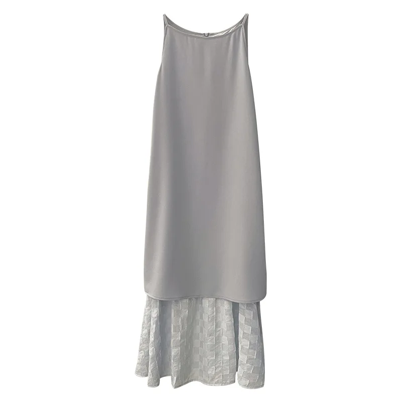 2025 Summer French Holiday Style Two-Piece Mesh Splicing Sleeveless A-Line Simple Straight Dress for Women