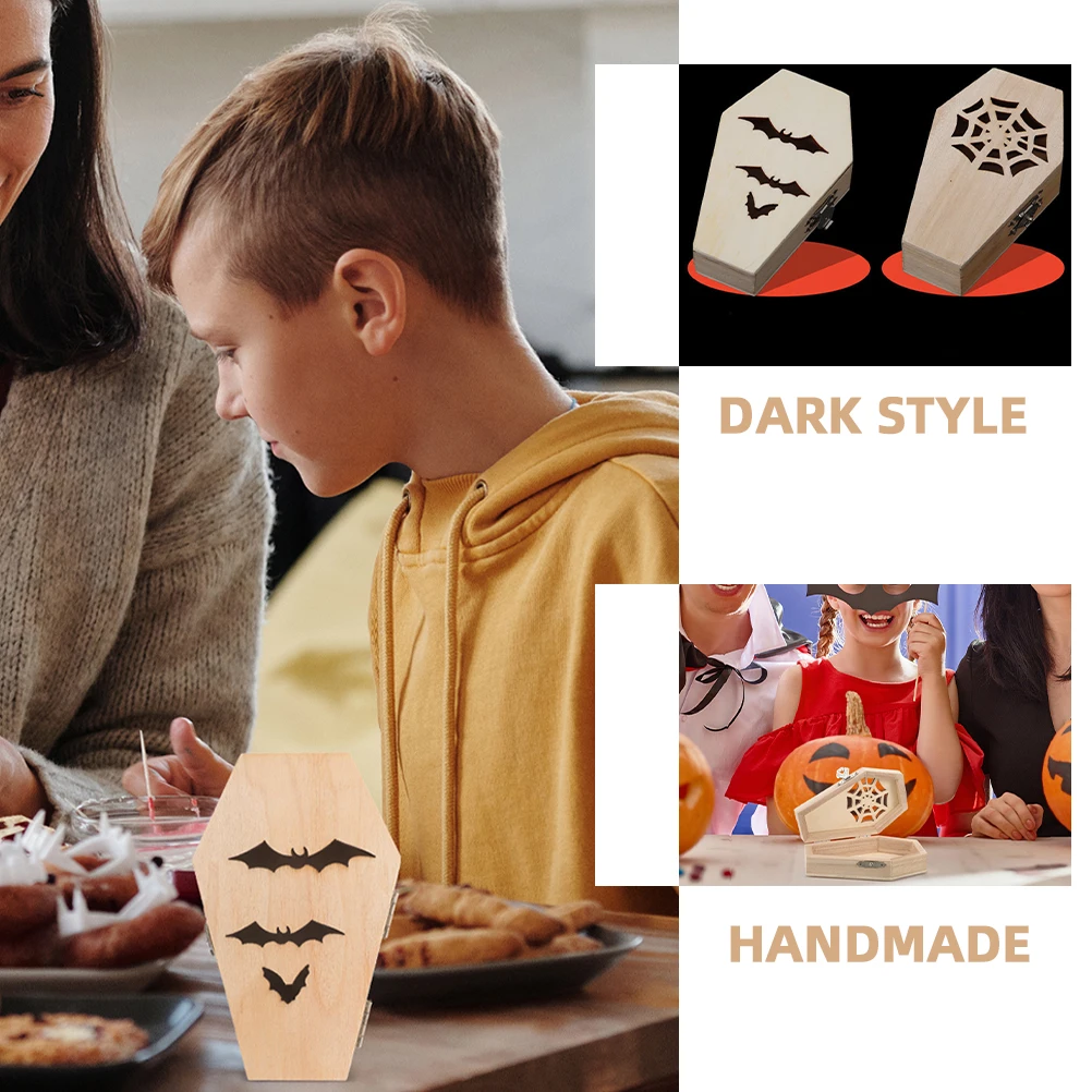 2 قطعة صندوق خشبي صغير لم تنته التابوت علبة مجوهرات القوطية نمط الخفافيش ويب انقطاع تخزين لمهرجان حفلة كاندي حلقة القرط