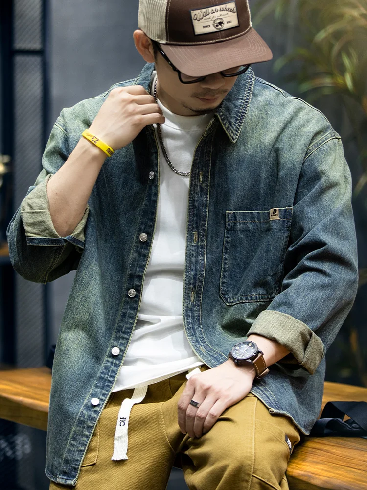 Loose Fit Gradient Color American Denim Shirt Men's Autumn Long Sleeve Workwear Top Large Size Men's Outerwear Jacket
