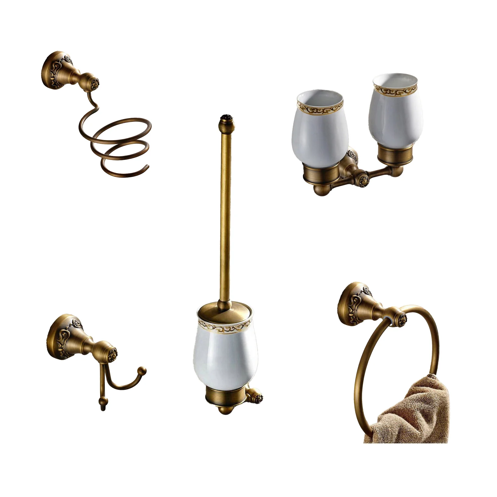 

Античная латунь, настенный набор фурнитуры для ванной комнаты с резными узорами, держатель для туалетной бумаги/крючок для халата/рушечка для полотенец/кольца для полотенец