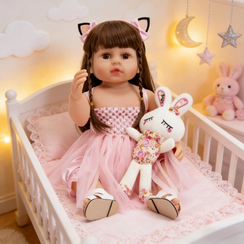 

55CM Lifelike 3D Silicone Reborn Baby Doll Full-Body Soft Girl Doll with Long Hair Kids Bath Toy Birthday Gift