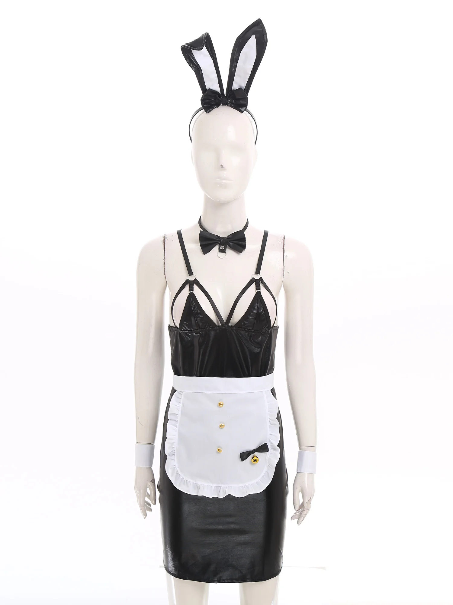 النساء الملابس الداخلية أنيمي خادمة تأثيري وتتسابق فستان بكتافة T-الظهر ثونغ أرنب الأذن أغطية الرأس ربطة المئزر خادمة إغراء المثيرة مجموعة