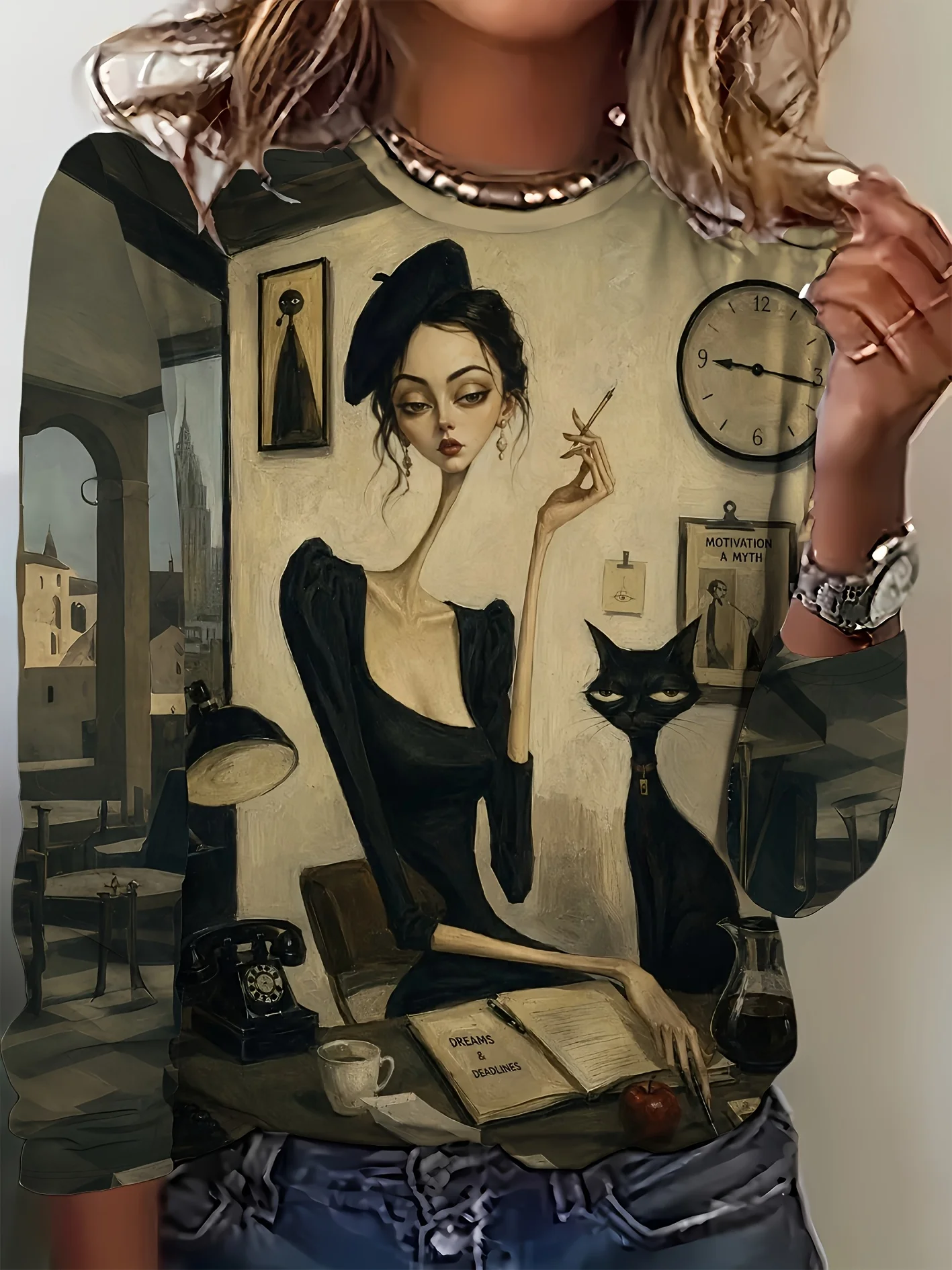 Women's Long Sleeve T-Shirt, Vintage Art Print Featuring Elegant Woman In Black Dress With Cat And Books On Desk, All-Winter Holiday Style Top Suitable For Leisure And Sports Scenarios