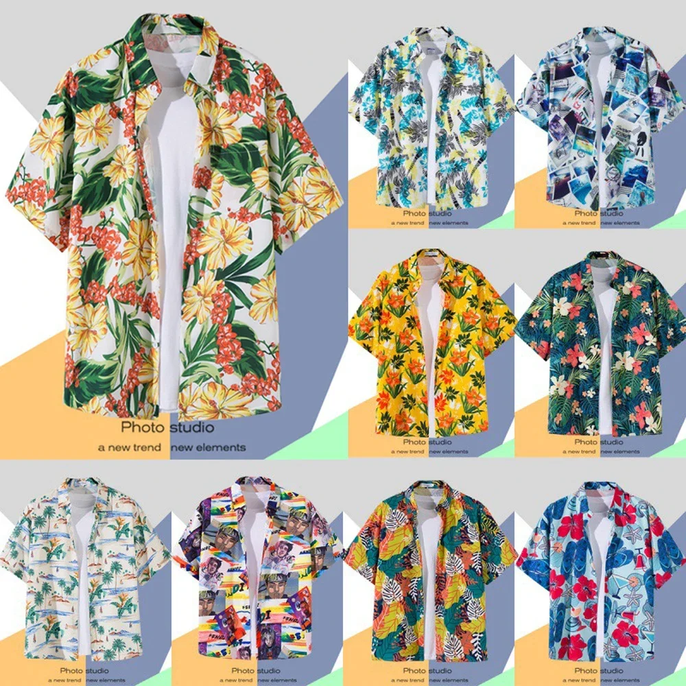 Kemeja Hawaii pria, kerah kancing cetak lengan pendek baju bunga Retro Hong Kong liburan musim panas kemeja pantai