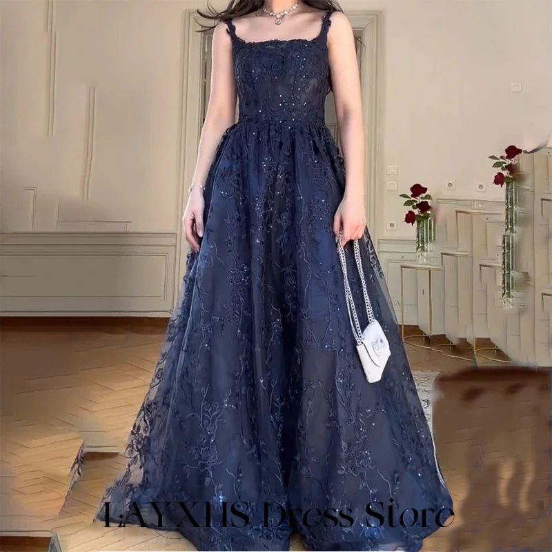 

LAYXHS Exquisite Square Neck Evening Dresses Blue Lace Applique A-Line Formal Prom Dresses Customized فساتين سهرة