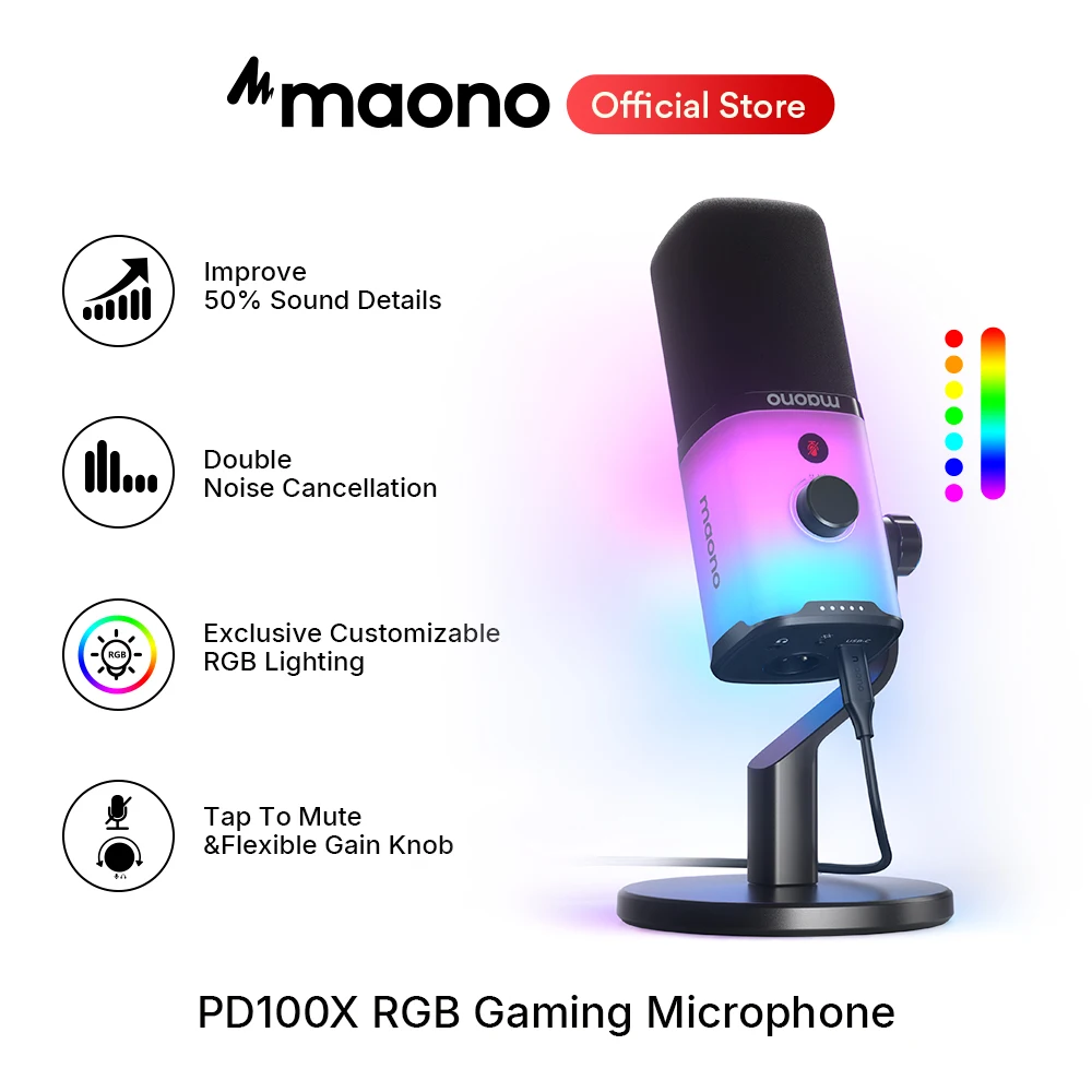 

maono PD100X RGB Gaming Microphone USB/XLR Dynamic Mic with Noise Reduction Mute Headphone Jack Mic for Gaming Streaming Podcast