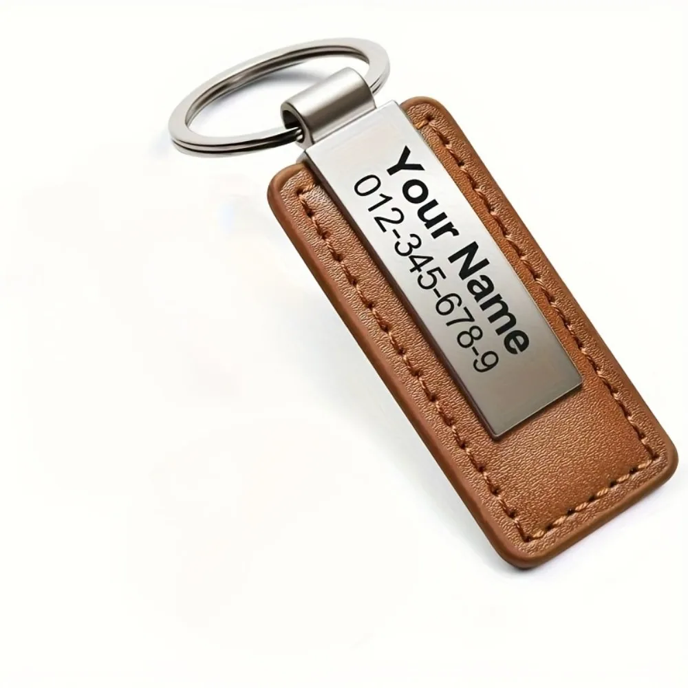 Personalisierter PU-Leder Schlüsselanhänger mit Edelstahl-ID-Tag - Anpassbarer Schlüsselanhänger mit Namen und Telefonnummer als Geschenk für Männer – Detail 3