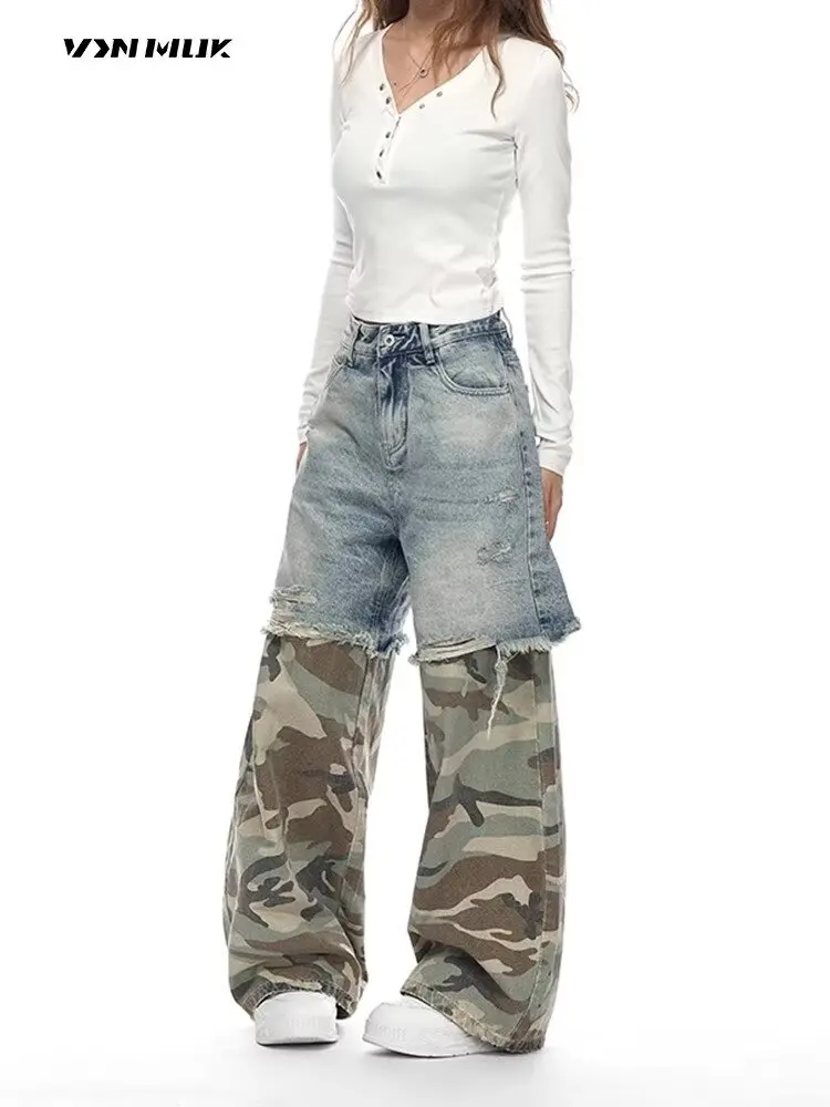 Mulheres retalhos baggy y2k jeans rasgados harajuku azul emendado jeans falso duas peças soltas calças retas hip-hop