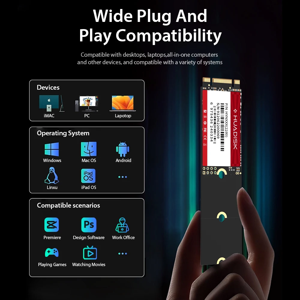 HUADISK M.2 NGFF SATA SSD 2280 2260 2242 Disco rígido interno 128gb 256gb 512gb 1tb 2tb Unidade de estado sólido sata3.0 para PC
