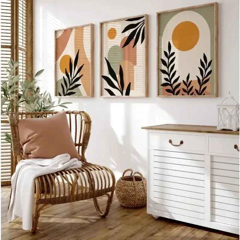 Green Terracotta Nordic Modern Canvas Painting Leaves Colour Block Bedroom Frameless Poster Bohemian Abstract Wall Art Beige