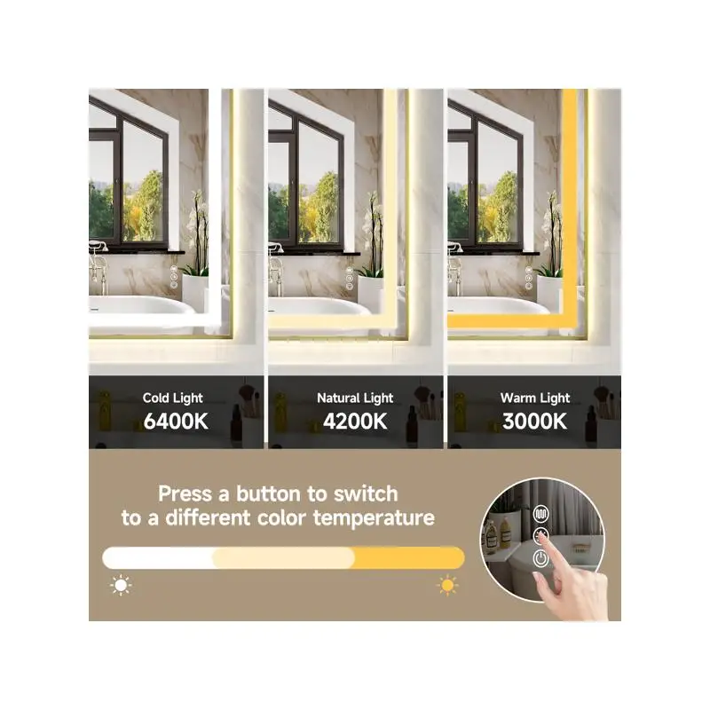 24x36 Gold Tempered Mirror Dual LED Light Strips Front Back Lighting, No Weekend Shipping, USPS FedEx