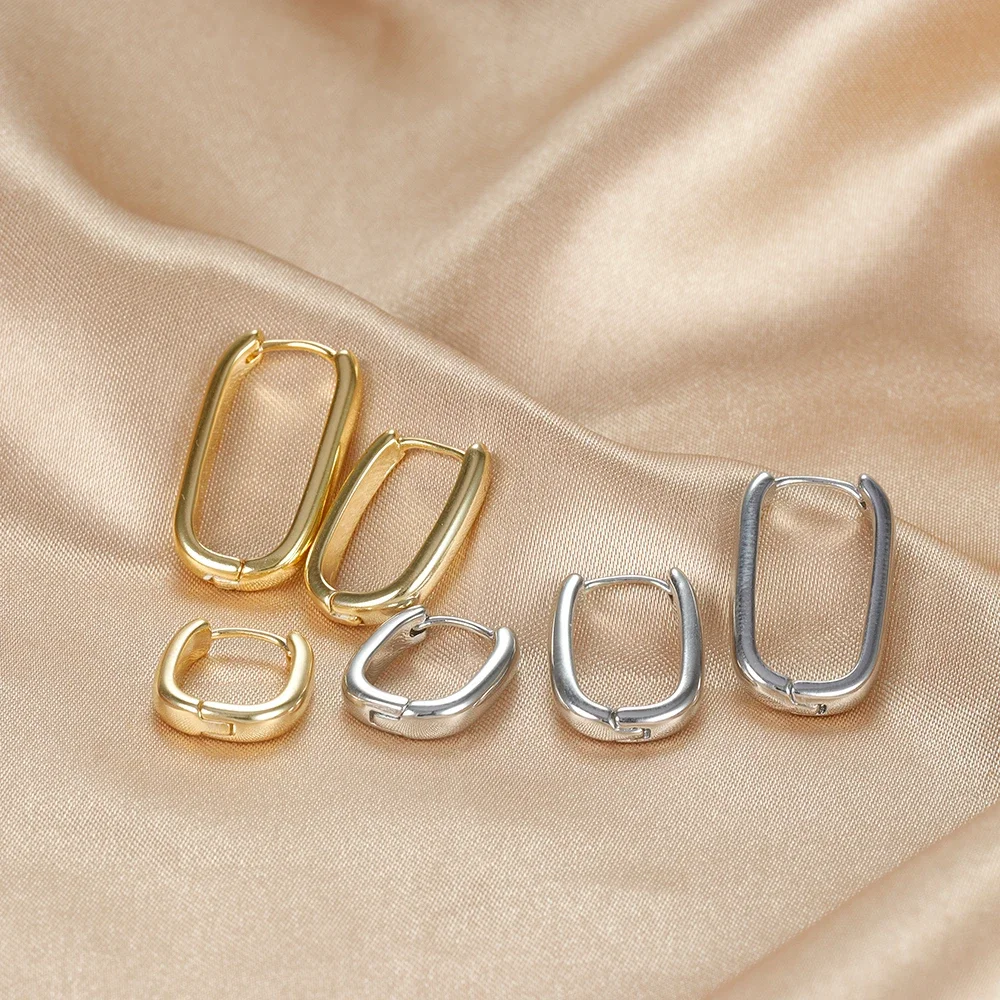 3PCS Vintage Stainless Steel U-Shape Hoop Earrings Set for Women Geometry Circle Square Earring Piercing  Jewelry aretes mujer