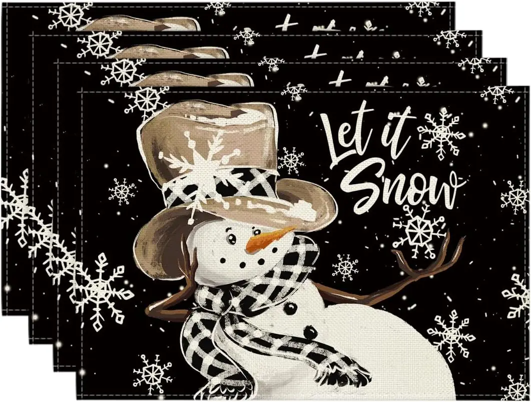 Black Snowman Snowflakes Let it Snow Winter Placemats Set of 4 12x18 Inch Christmas Table Mats for Party Kitchen Dining Decor
