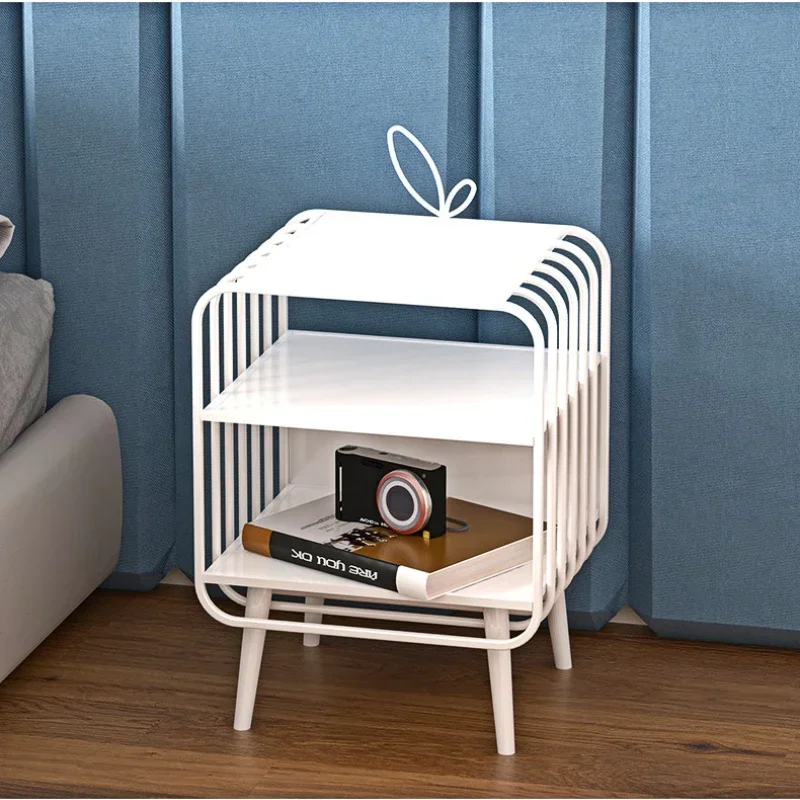 Childlike Iron Bedside Table: Open Storage, Blue and White Design, Light Luxury Nordic Style, Simple Modern Nightstand