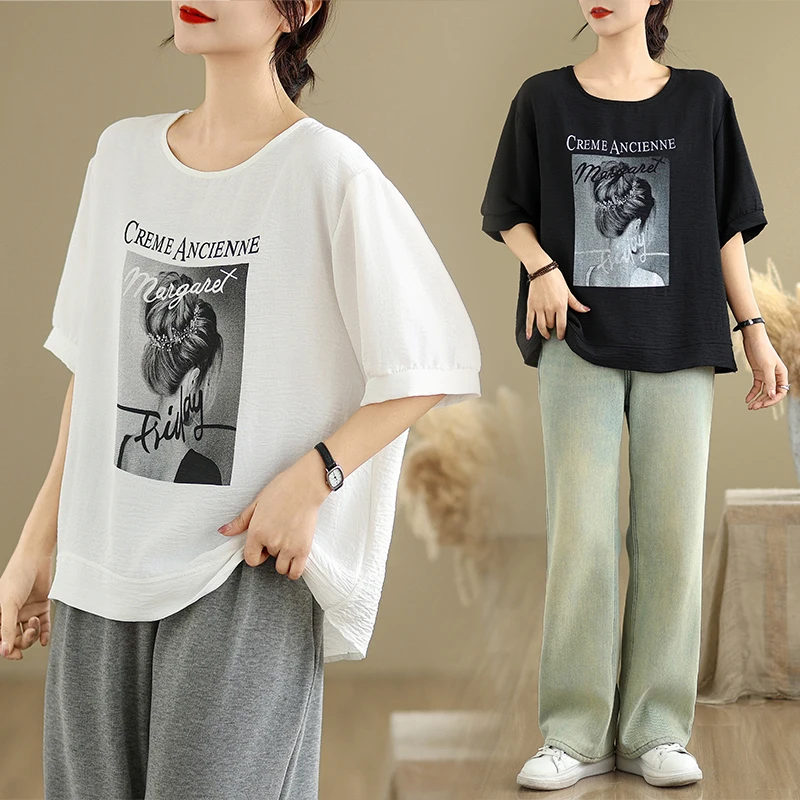 여름 캐주얼 루즈 라운드 넥 티셔츠 플러스 사이즈 컬러 코튼 프린트 여성용 편안한 통기성 캐주얼 티셔츠