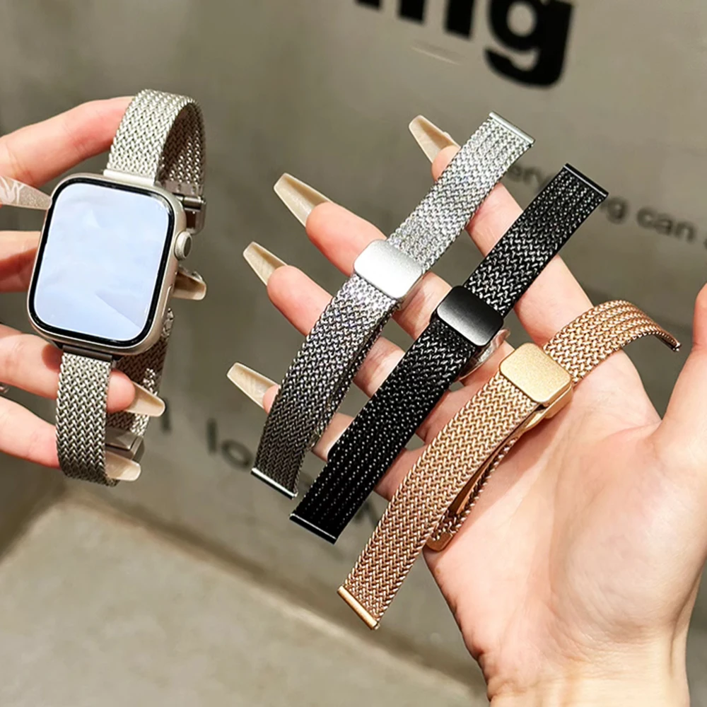 Bracelete de Metal Feminino para Apple Watch, Pulseira iWatch Magnética Dourada Fina, Ultra 10 Band, 9, 8, 46mm, 7, SE, 6, 5, 41mm, 45mm, 42