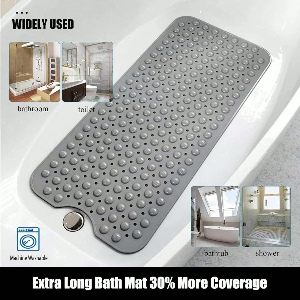 Dark Gray Bathtub Mat 40x16 Inch,Modern Non Slip Shower Mat With Soft PVC Construction,Pebble Massage Texture Surface,200 Suction Cups And Drain Hole Design,Machine Washable Tub Mat For Neutral Bathroom Decor And Home Accessories
