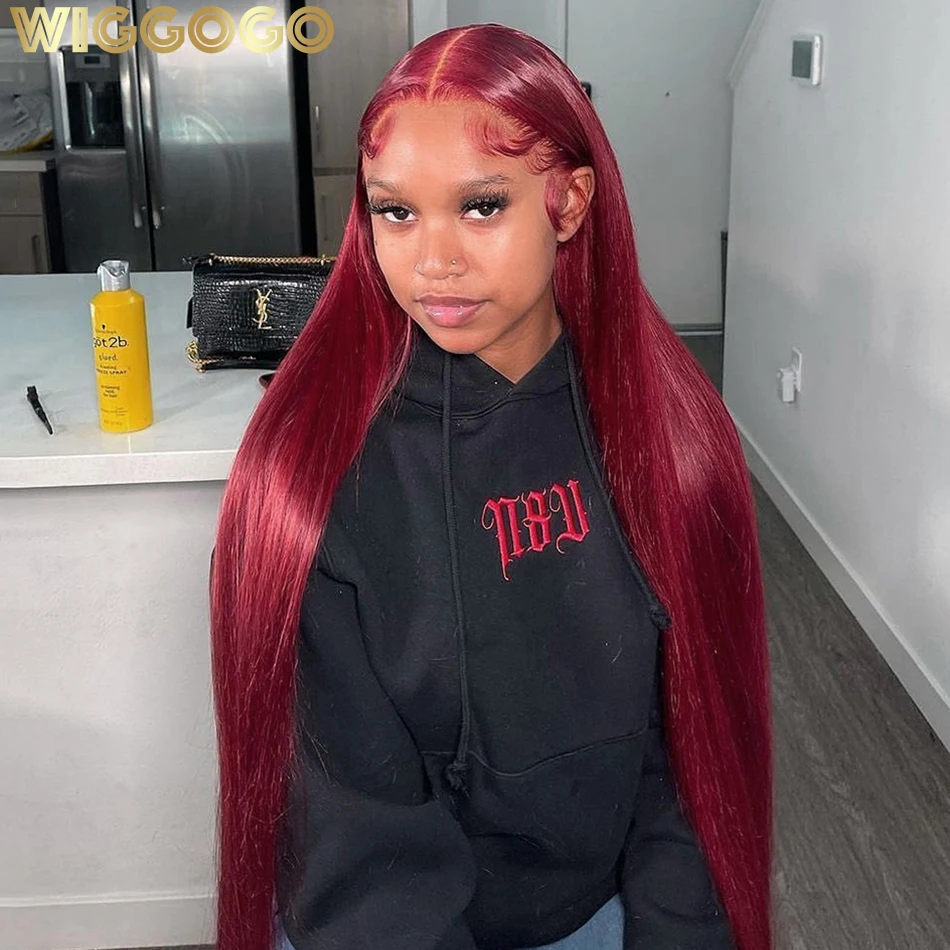 Wiggogo Red Lace Front Human Hair Wigs 99J Бордовый 13X4 13X6 Hd Парик фронтальной части шнурка Прямые парики фронта шнурка Цветные парики Hd Lace