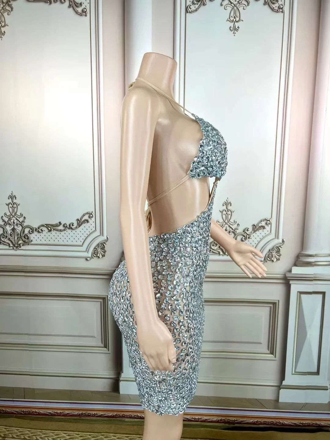 Vrouwen Sparkly Sexy Zilveren Strass Jurk DS DJ Zomer Banket Diner Dating Nachtclubzangeres Stadium Slijtage Koningin 2026 Outfit