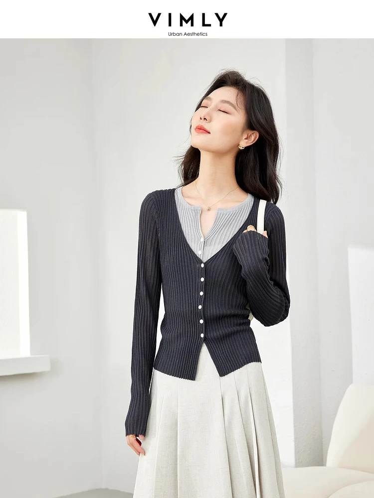 Vimly Spring V-neck Fake 2 Piece Elegant Knitted Cardigan 2024 High Strecth Female Knitwear Gray Long Sleeve Top for Woman 72793