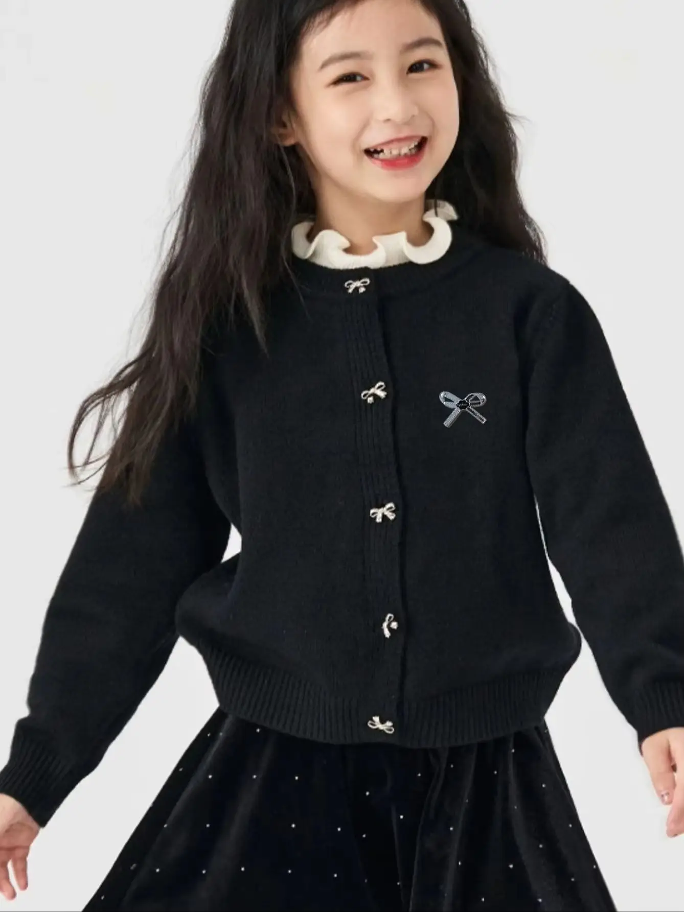 Kids Crew Neck Knit Cardigan Silver Bow Buttons Long Sleeve Soft Loose Sweater Girls Casual Knit Outerwear