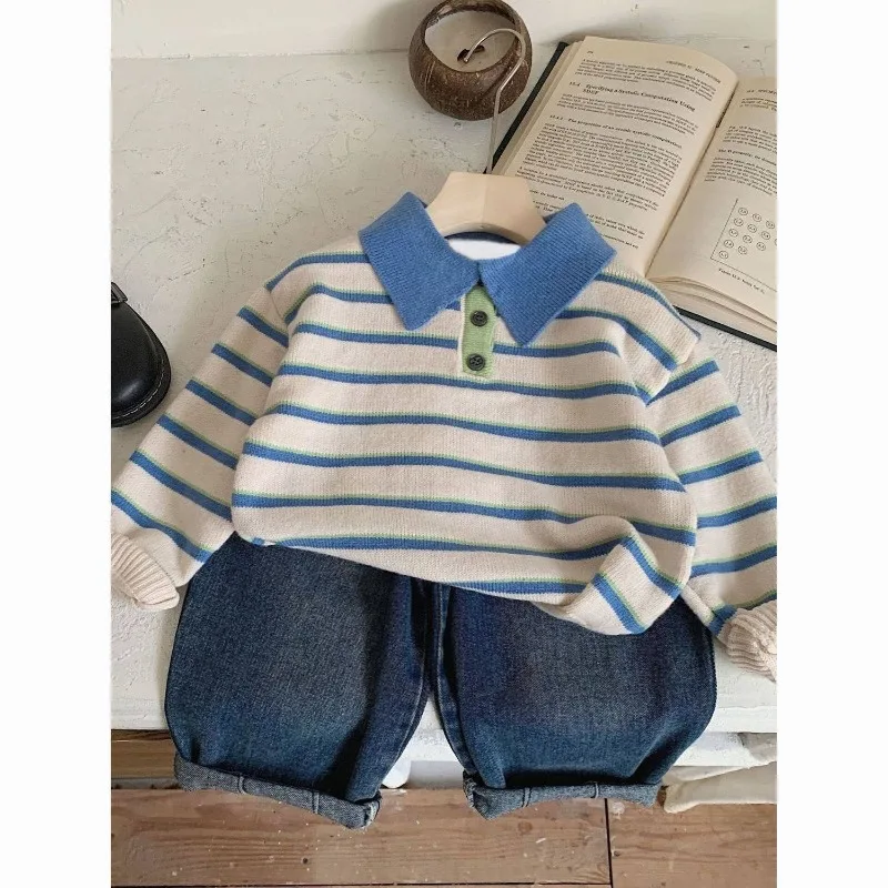 Bellbell Herbst Kinder Jungen Polo-Pullover 1-6 Jahre Jungen Pullover mit Umlegekragen Strickwaren Kleinkinder Jungen Gemütlicher Strick mit Langen Ärmeln – Detail 1