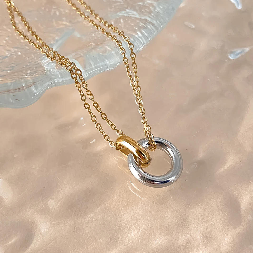 EMANCO Edelstahl Zweifarbige Anhänger-Halsketten für Damen Choker Trend Mode Festival Party Geschenk Schmuck – Detail 4