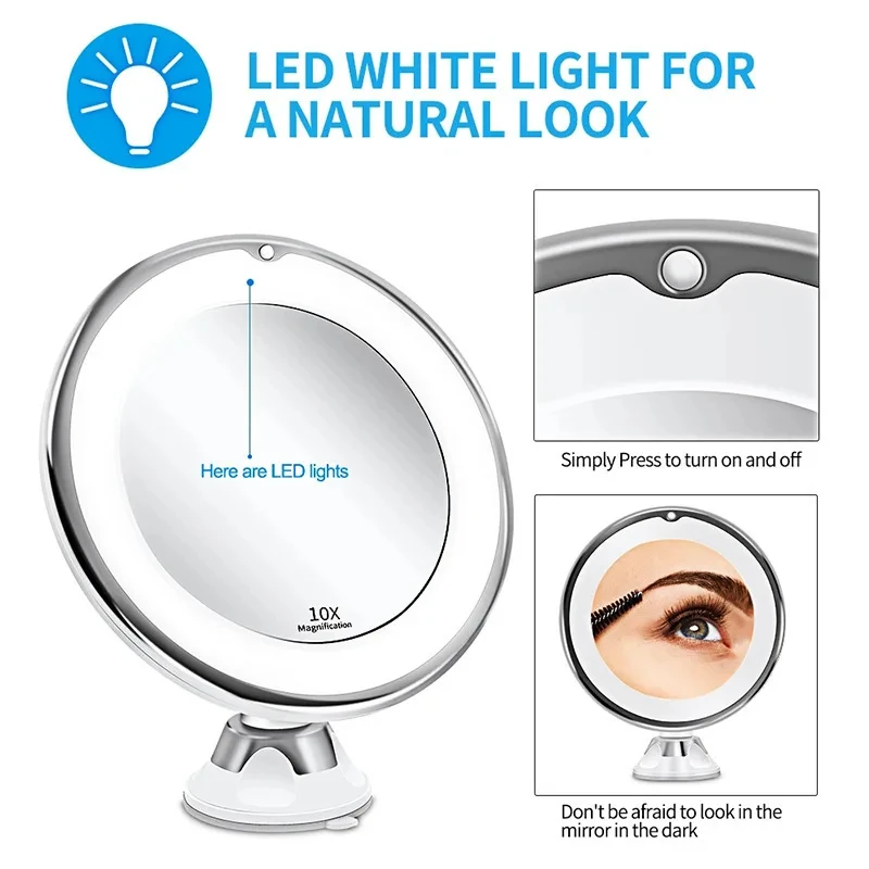Flexible 10X Magnifying Vanity Mirror LED Fill‑Light Makeup Mirror Stable Suction Cup Base For Daily Facial Cosmetic Use