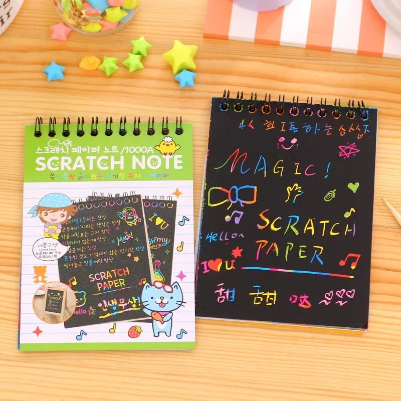 Cuaderno de rascar de cartón negro, libro de dibujo, pegatinas para rascar DIY, cuaderno, papelería, juguete de dibujo con bolígrafo de madera como regalo