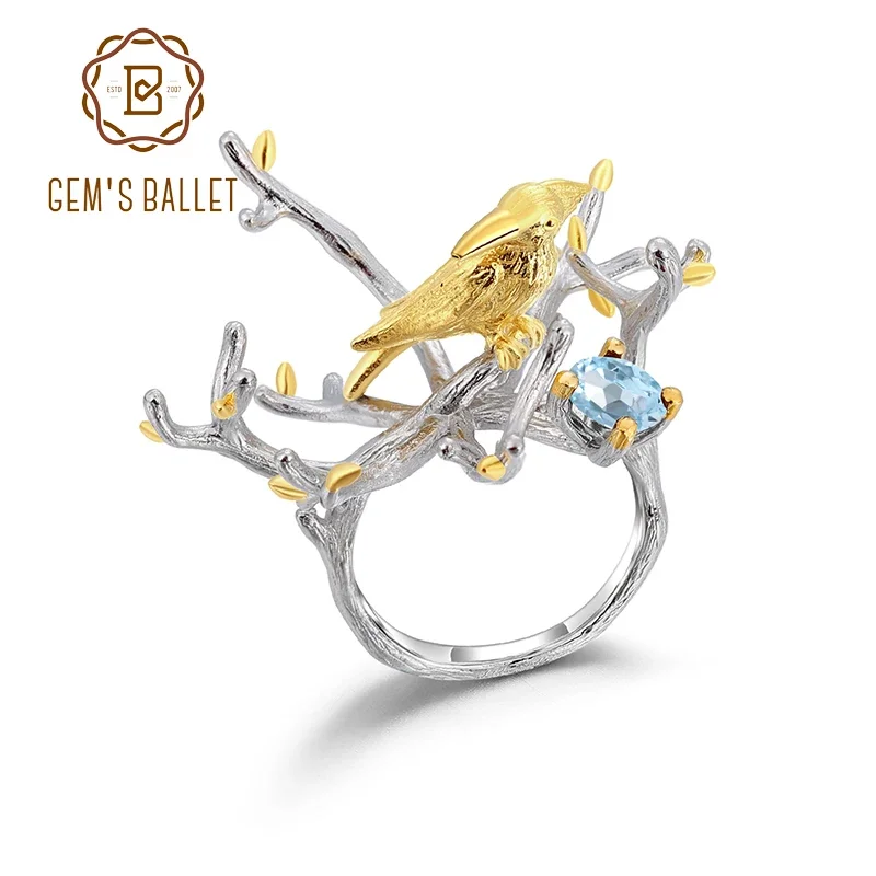 GEM'S BALLET 18k Gold Over 925 Silver Two Tone Handmade Bird on the Tree Natural Sky Blue Topaz Women's Gemstone Cocktail Ring