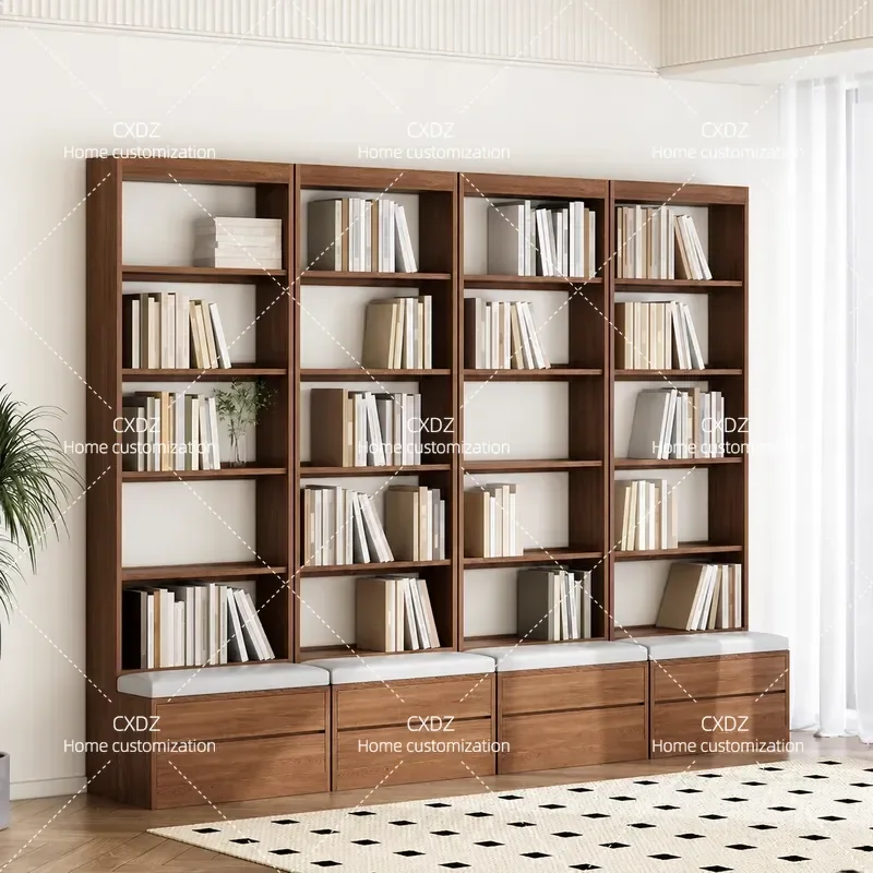 Solid Wood Integrated Wall Bookcase for Living Room Reading Area Walnut Floor Standing Shelf Bedside Storage Unit