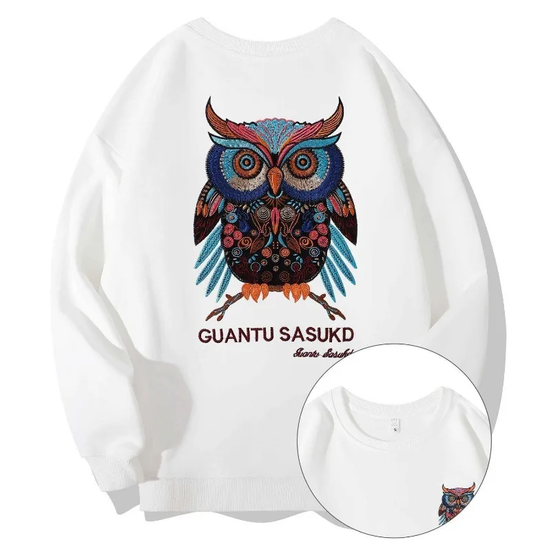 T-shirt for Men and Women 2024 Autumn Winter New Owl Embroidered Top Cotton Couple's Niche Hoodie Men Clothing T-shirts