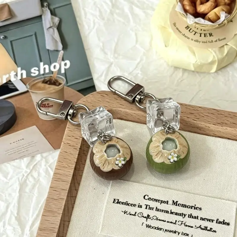 Cute 3D Imitation Coconut Keychain with Silver Engraved Heart Tag Unique Bag Charm for Summer Beach Accessory