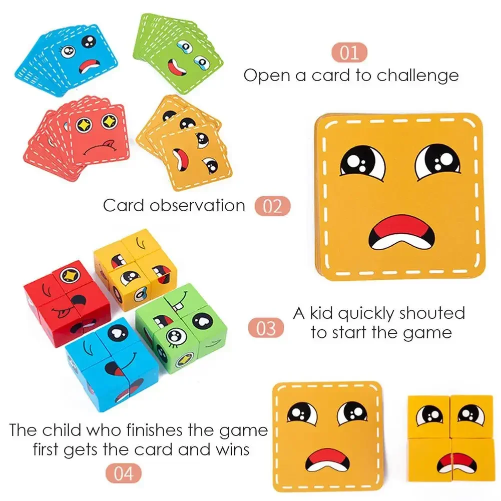 Kids Montessori Toy 64 pcs Cards of Emoticon Puzzle Face Change Cubes Wooden Toys Building Blocks Educational Game for Children