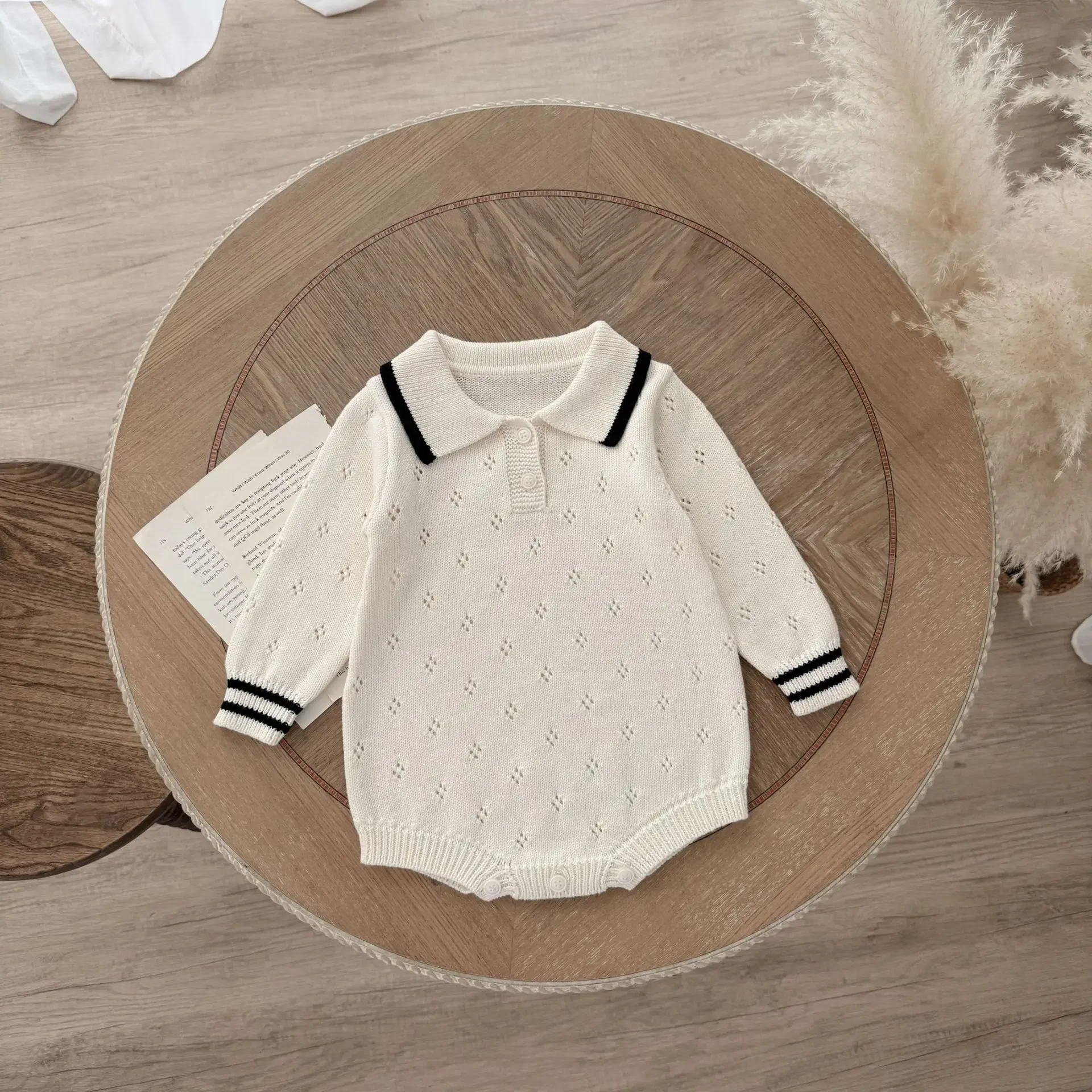 

Unisex Baby Bodysuit Infant Knitted Bodysuit Spring Cotton Knit Long Sleeve Polo Collar Eyelet Pattern Contrast Stripe Clothing