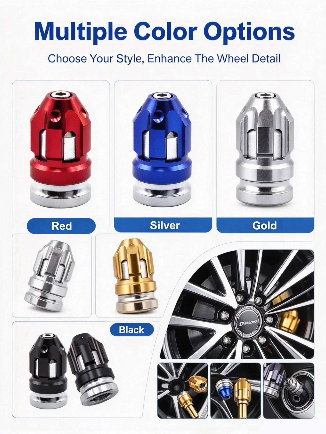 Universal dual-color modified valve stems and valve core caps for cars, motorcycles, tricycles, bicycles, and more.