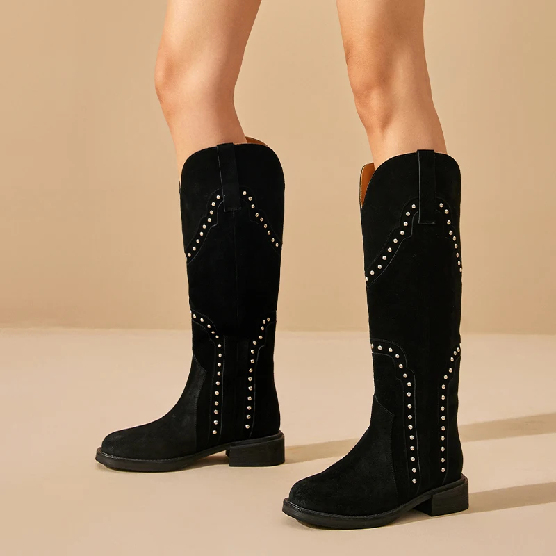 BEAUTODAY Long Boots Women Genuine Cow Suede Leather Sewing Round Toe Solid Color Slip-on Ladies Shoes Handmade 01225