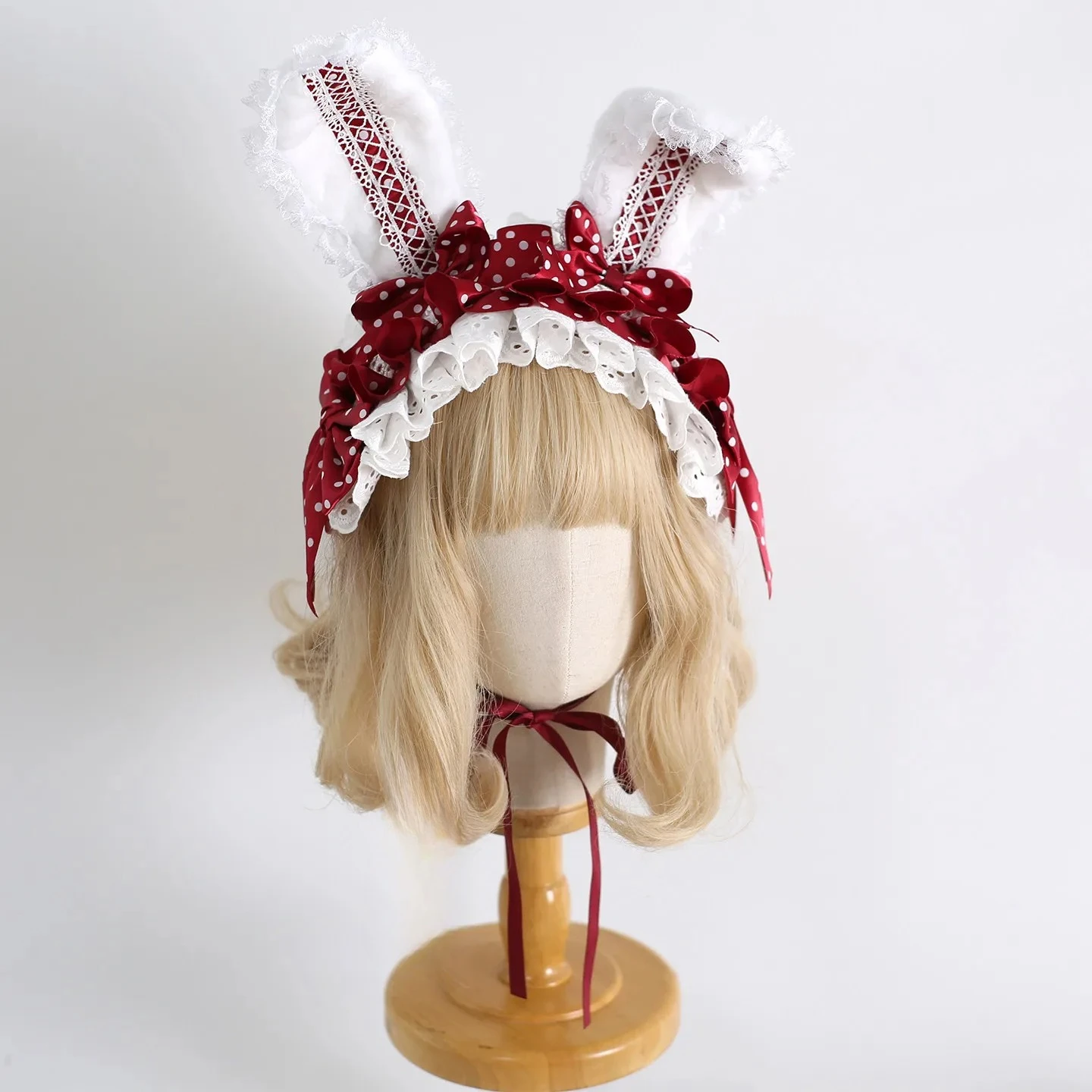 Plush White Rabbit Ears with Lace Trim Japanese Original Multi-color Polka Dot Lolita Bowknot Headband Lolita Hair Accessory