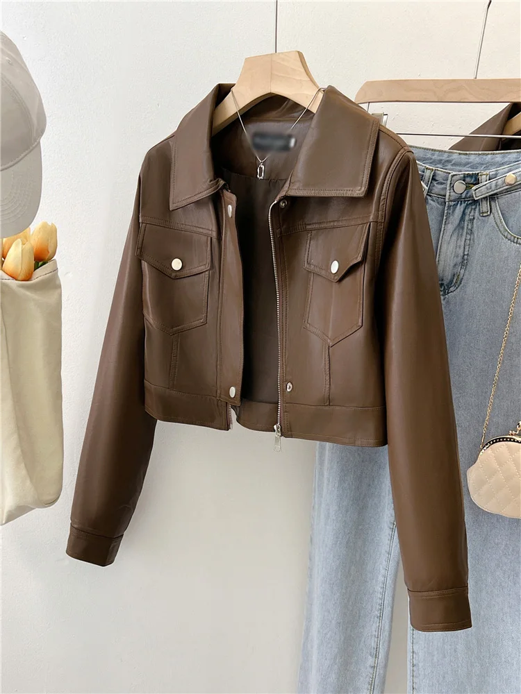 

Brown Leather Coats Women Antumn New Hong Kong Style PU Zipper Locomotive Tops High End Long Sleeve Pockets Lapel Short Jacket