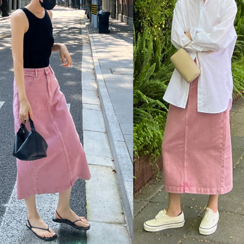 2023 new Women pink midi denim skirt high waist casual fashion a-line skirt