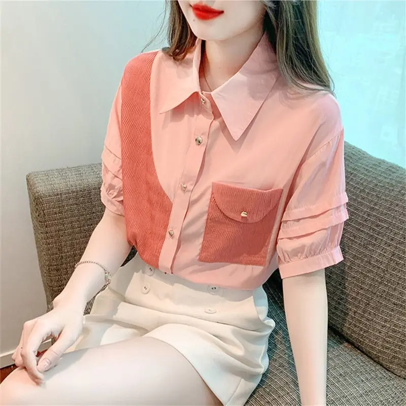 

2024 New Summer Young Style Chiffon Short Sleeved Blouses Loose Patchwork Polo Collar Folds Pocket Beading Women's Shirt Top