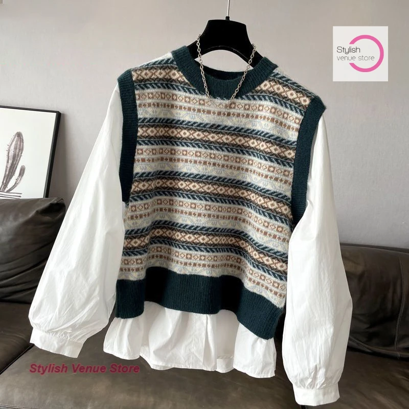 

Korean style stitching fake two-piece sweater shirt women's autumn and winter new casual plus size loose sweater Joker top