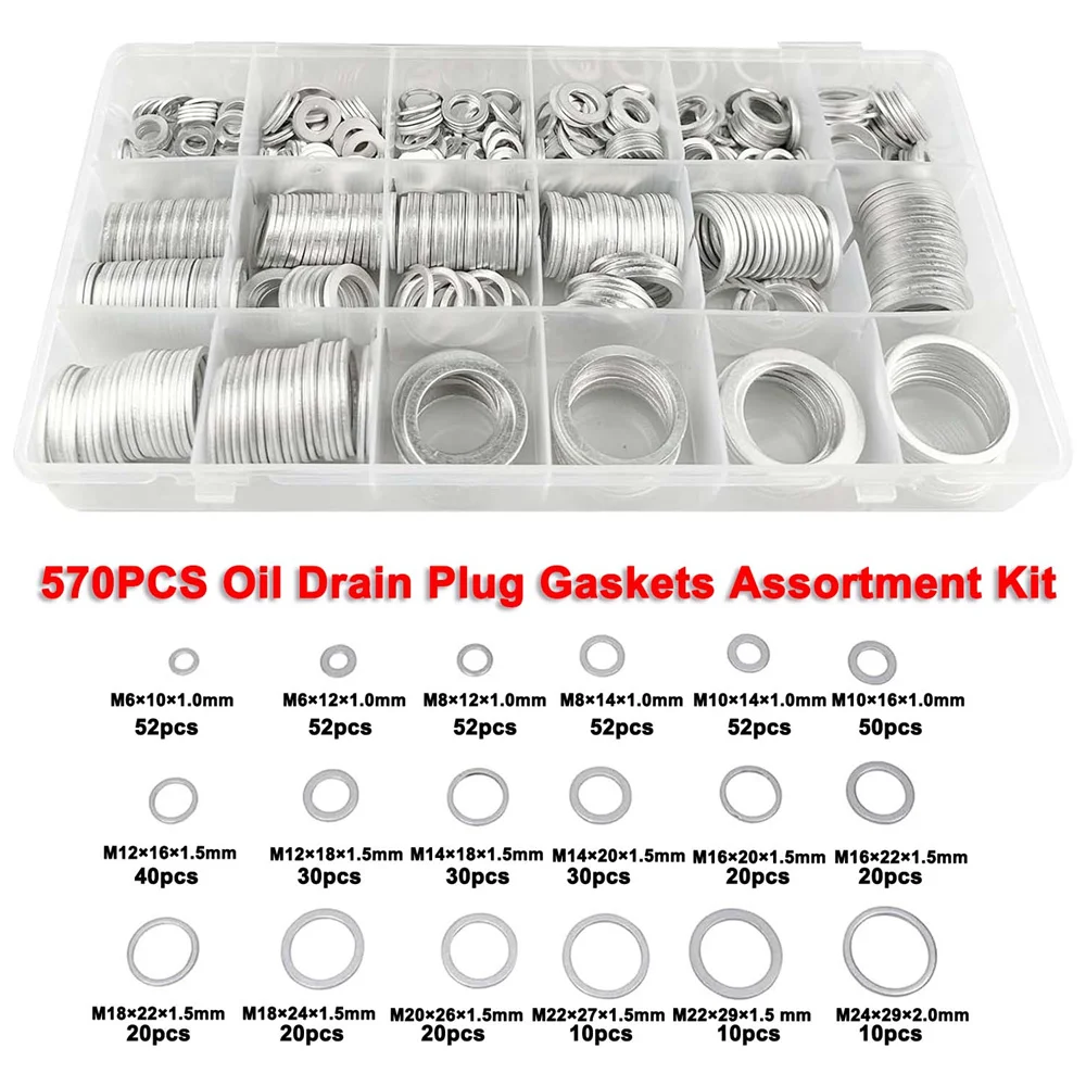 570 Pieces M6 - M24 Oil Drain Plug Gaskets Assortment Kit,Oil Crush Washers, Aluminum Flat Washers Assortment Kit, (18 Sizes)