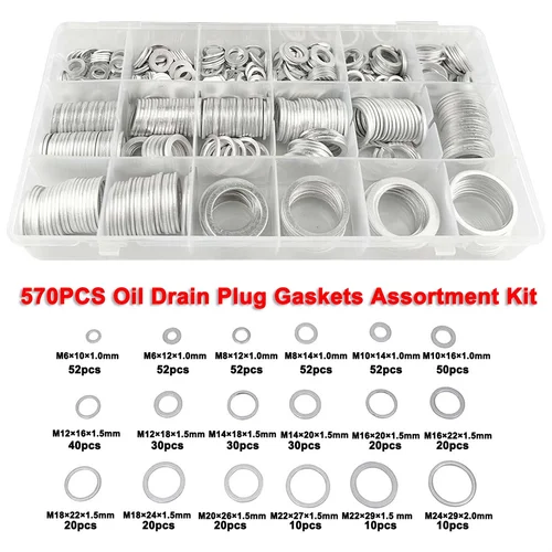 Kit surtido de juntas de tapón de drenaje de aceite, arandelas de aplastamiento de aceite, Kit surtido de arandelas planas de aluminio, 18 tamaños, M24-M6, 570 piezas
