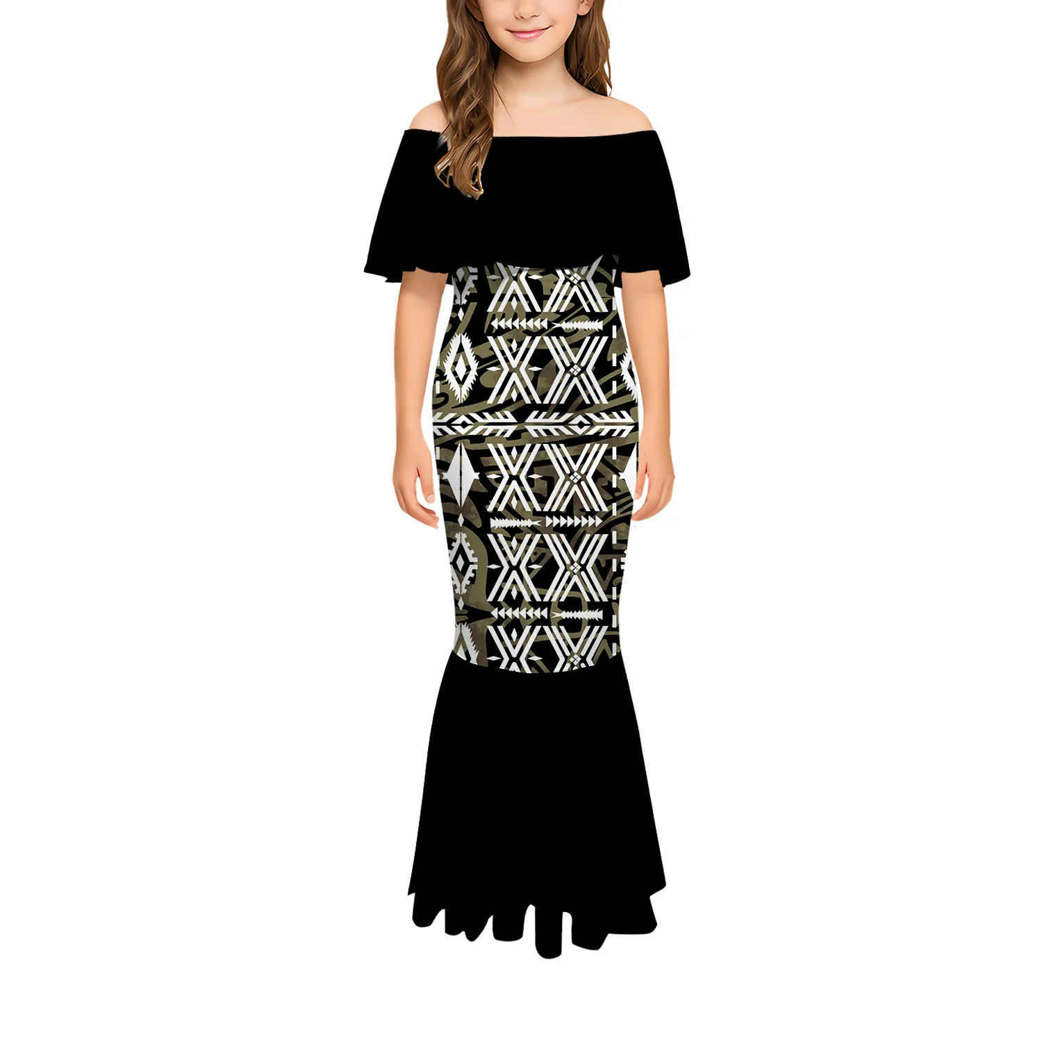 

Sexy And Slimming One-Shoulder Long Fishtail Dress Tribal Print Fashion Polynesian Custom-Made High-Quality Girls' Dress