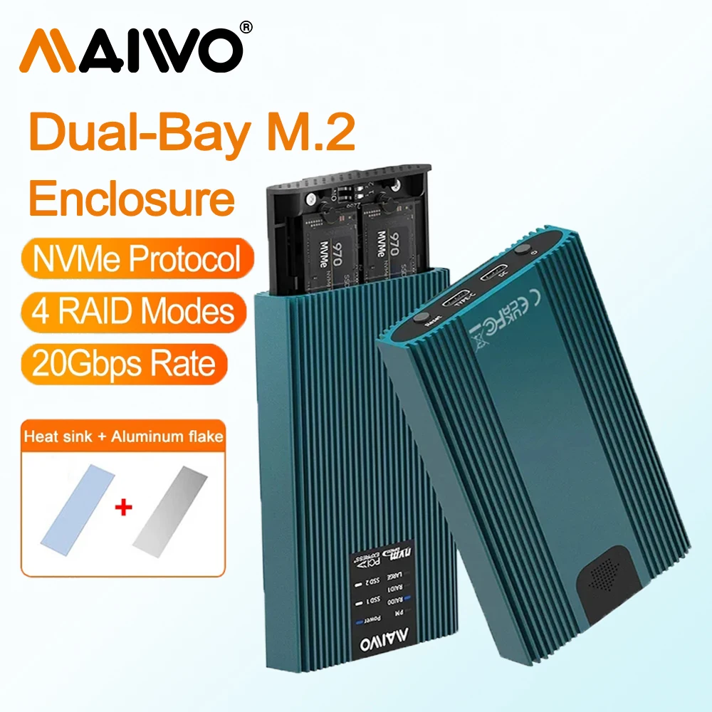

MAIWO Dual Bay Enclosure for M.2 NVMe PCIe SSD Enclosure with RAID0/1/PM/JBOD USB 3.2 Gen2x2 Type-C 20Gbps Speed 16TB Capacity